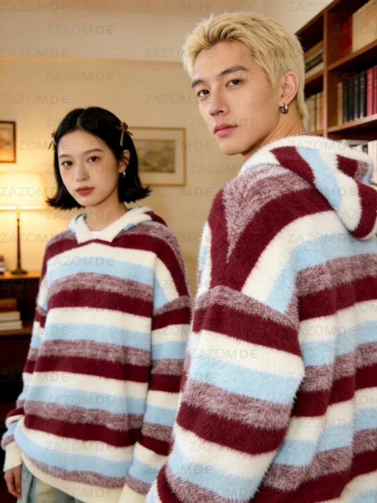 ZAZOMDEUnisex الأحمر مخطط معطف بقلنسوة رجل إمرأة عادية الشارع الشهير متماسكة البلوز مزيج القطن الناعم للأزياء الحضرية اليومية