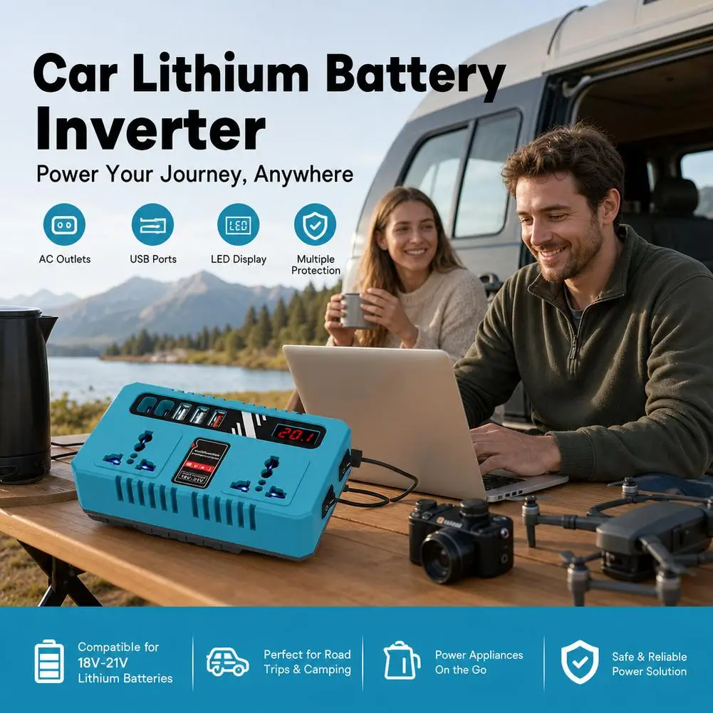 200W Portable Inverter DC 18V To AC 220V Support Multi-Device Charging Dual Universal Sockets,Side Emergency LED Flashlight