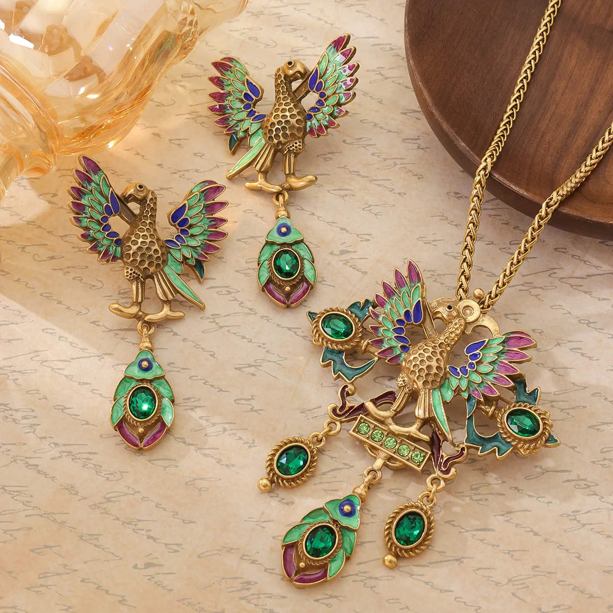 Vintage Personality Retro Enamel Inlaid Diamond Divine Bird Necklace and Earring Set Accessories