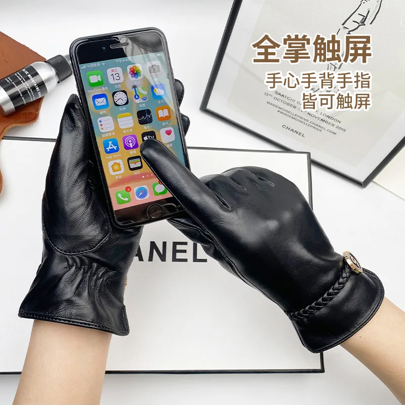 Genuine Leather Women Gloves Thickened Fleece Driving Cycling Cold Warm Touch Screen guantes invierno Sheepskin Gloves