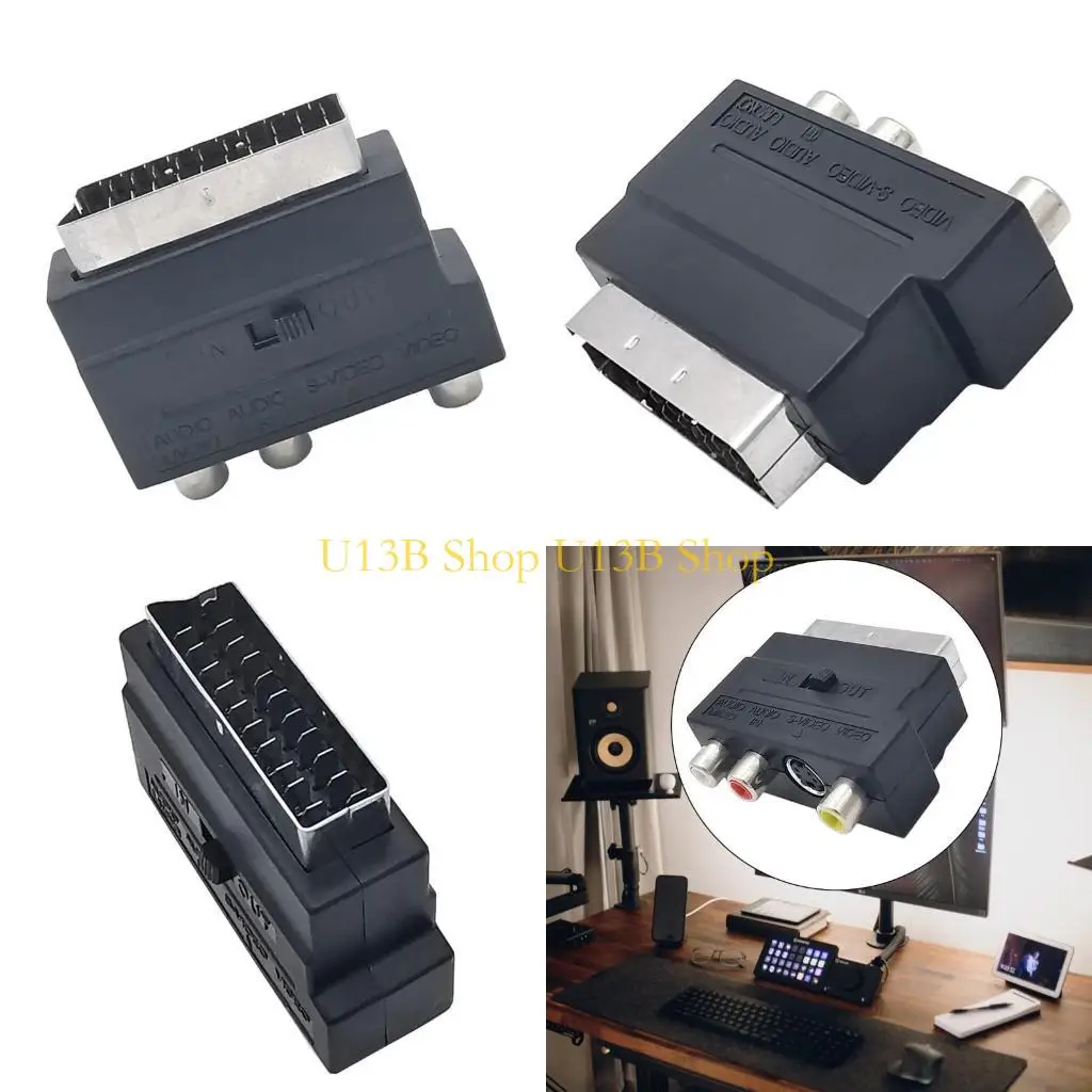 Conector enchufe del convertidor SCART U13B 21p Adaptador SCART a 3RCA con interruptores convertidor