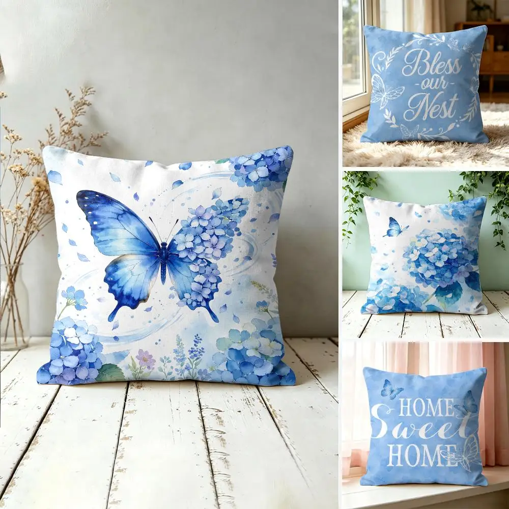 Blue Watercolor Hydrangea Cushion Cover Silky Short Plush Invisible Zipper Dustproof Sofa Pillow Case For Home Decor