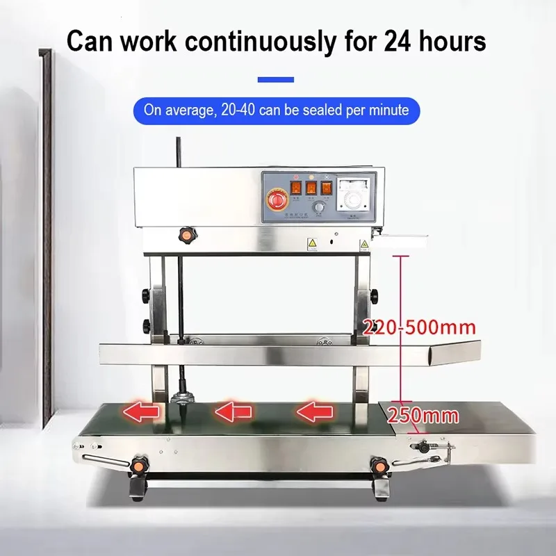

FR450 Stainless Steel Automatic PE/PP Plastic Film Bag Copper Continuous Heat Band Heightening Sealer Vertical Sealing Machine