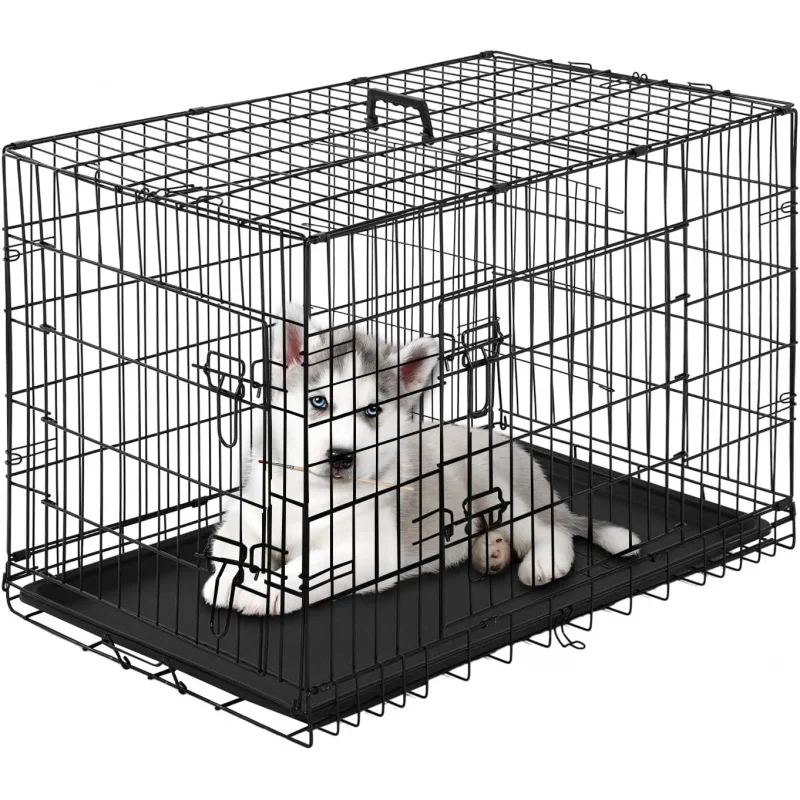 

24-Inch Metal Small Dog Crate: Double-Door, Folding, with Divider, Handle & Plastic Tray for Travel, Indoor & Outdoor Us