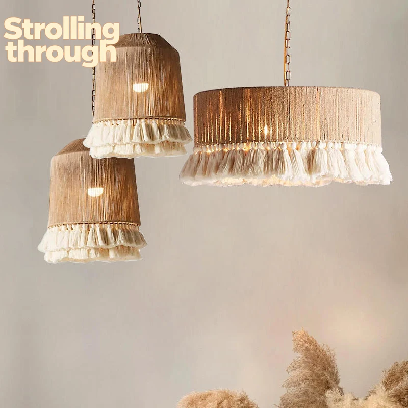 

Богемная ретро люстра из пеньковой веревки с бахромой для гостиной B & B, отель, ресторан, настольный светильник, креативная люстра ваби, песчаный ветер