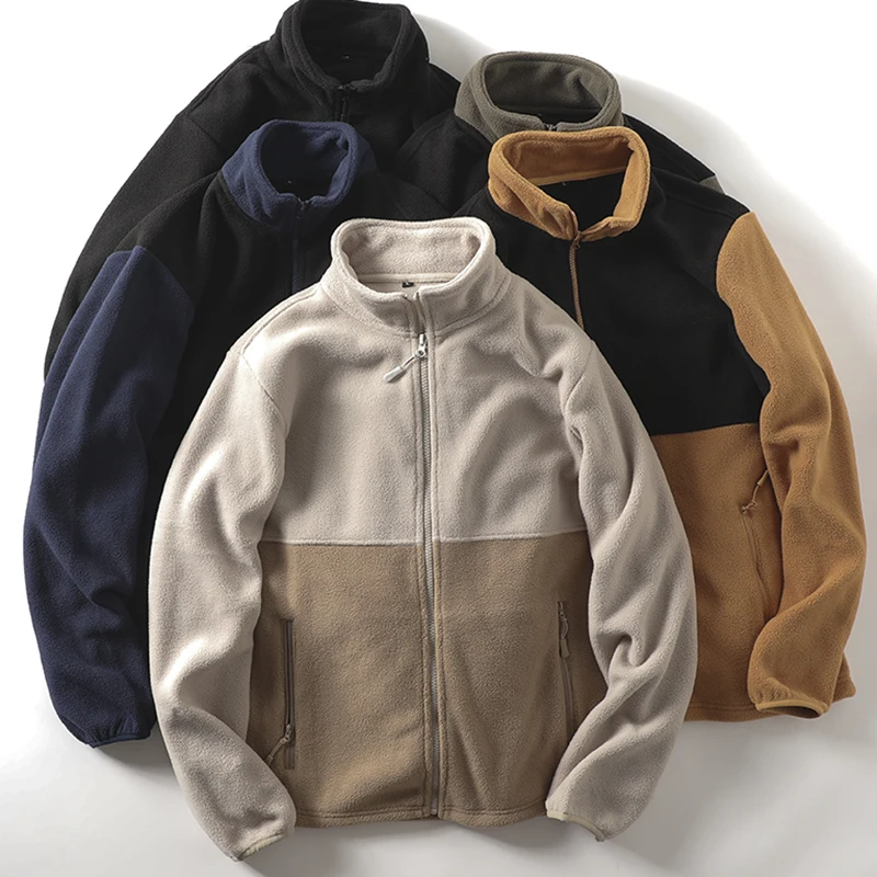

Флисовая куртка контрастного цвета в стиле ретро для мужчин, осенне-зимняя теплая куртка с воротником-стойкой, японское повседневное модное пальто