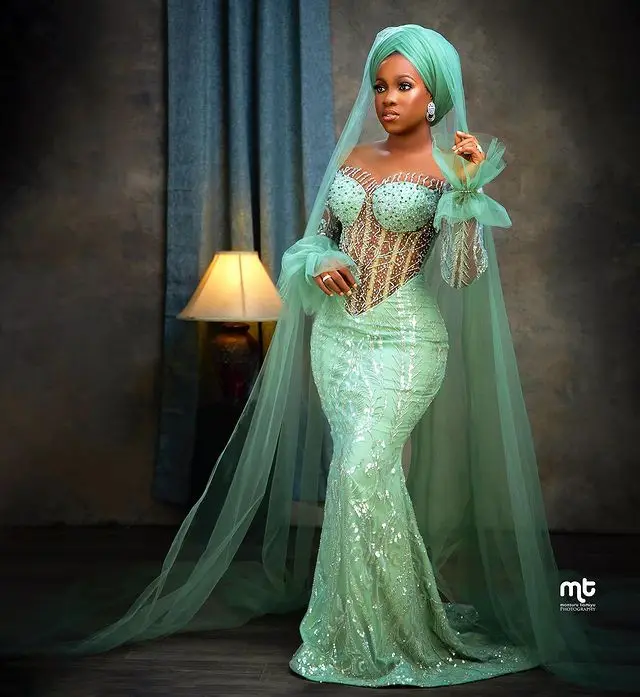 Asoebi Traditional Wedding Bridal Dresses Sparkly Sequined Lace Formal Party Dresses African Wedding Gown Green Beads Prom Dress