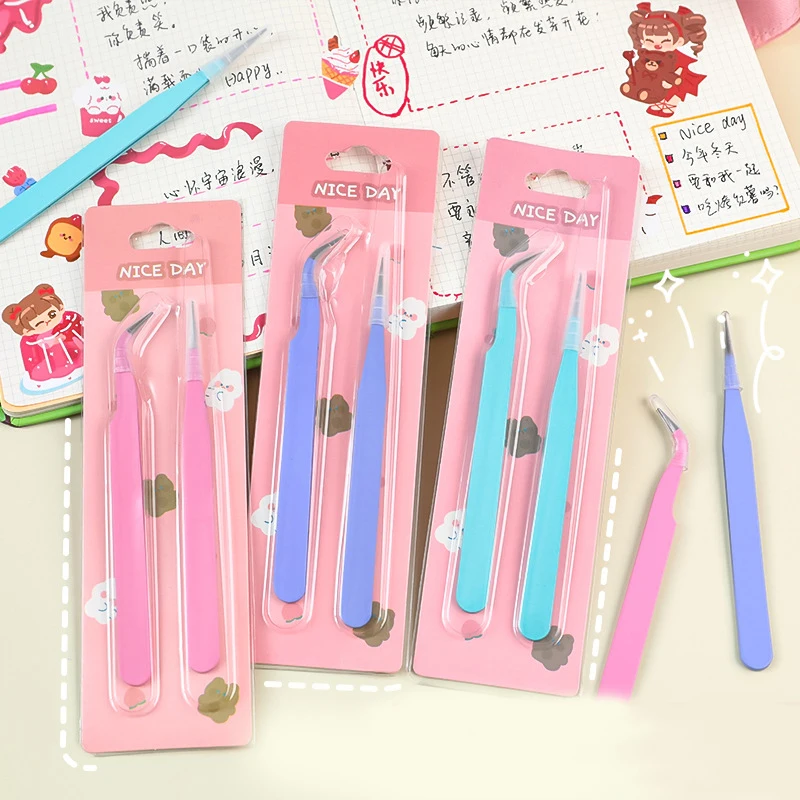 2Pcs Stainless Steel Tweezers Multi-Function Tool Tweezer DIY Scrapbooking Paper Tape Stickers Macaron Color Precision Tweezer