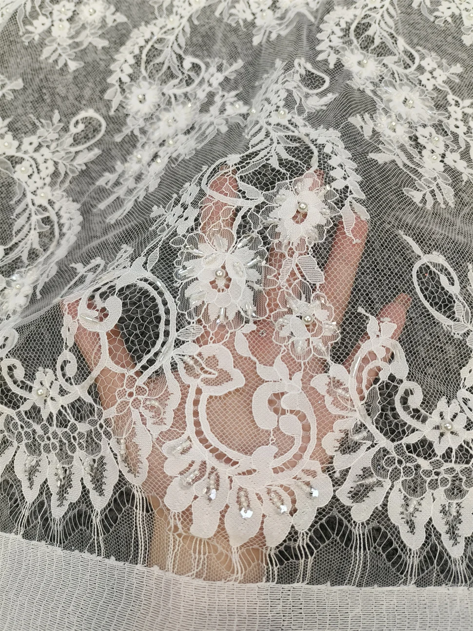 high quality bridaldress lace soft eyelash lace fabric chantilly lace with handbeaded perfect for wedding dress