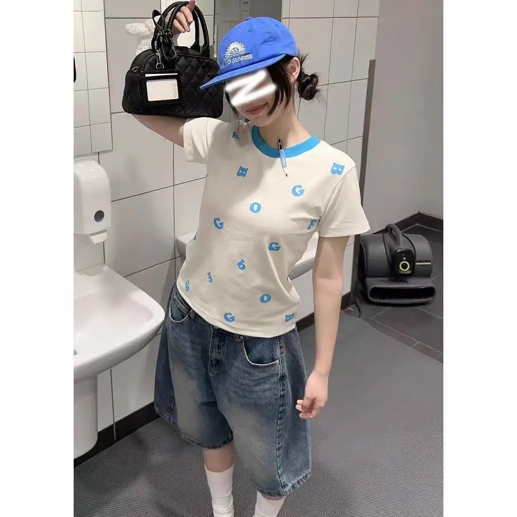 Camiseta con estampado japonés Y2k con letras Wonen, Tops cortos Harajuku de manga corta, ropa de calle, camisetas Grunge Retro americanas