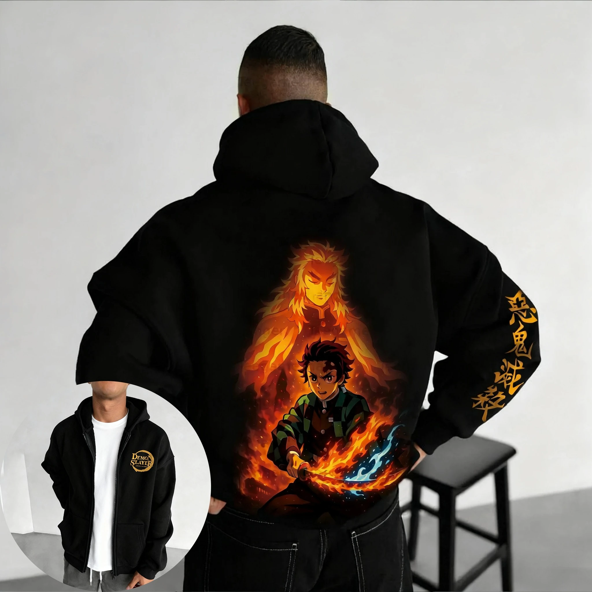 

Demon Slayer Anime Zipper Hoodie 2025 Men's Autumn/Winter New Kamado Nezuko Printed Harajuku Large Trendy Loose Cotton Top