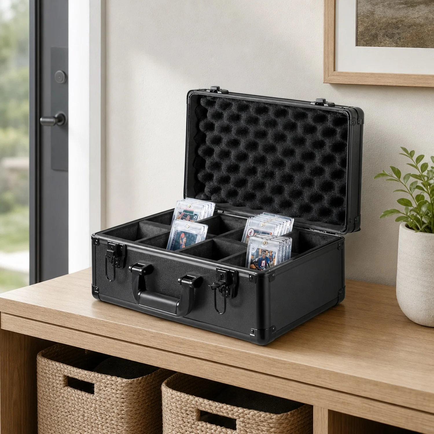 Graded Card Storage Box, 4 Slots, Sports Holder Carrying Case with Key Lock Foam Dividers, for 96 PSA 68 BGS 76 SGC 348 Top