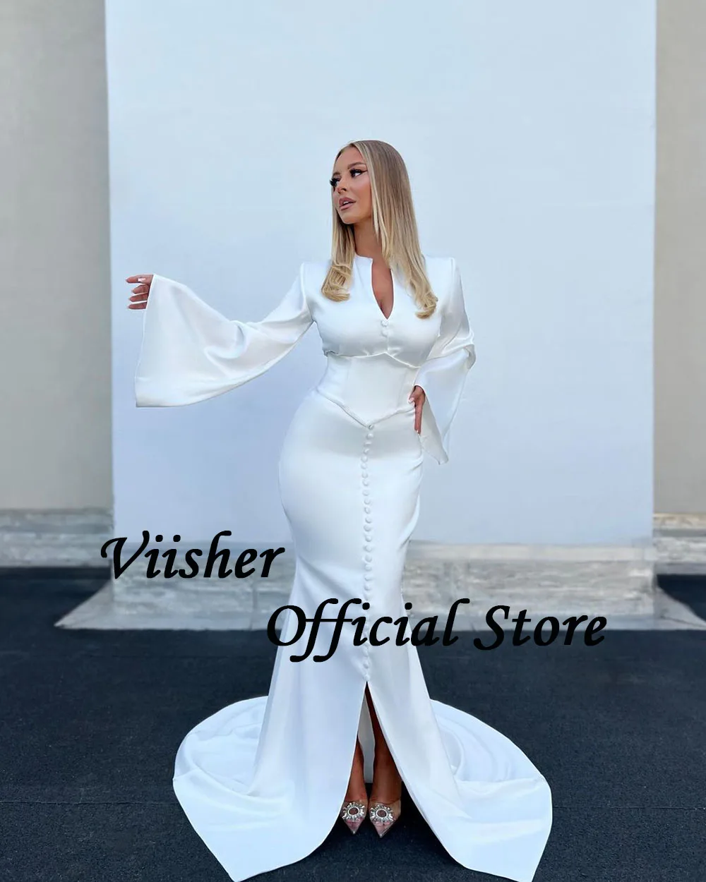 Viisher-White Vestidos De Noiva De Cetim Para Noiva, Manga Longa, Vestidos De Noiva Com Gola V Com Fenda, Bodycon Apertado, Vestido Flare, Sereia