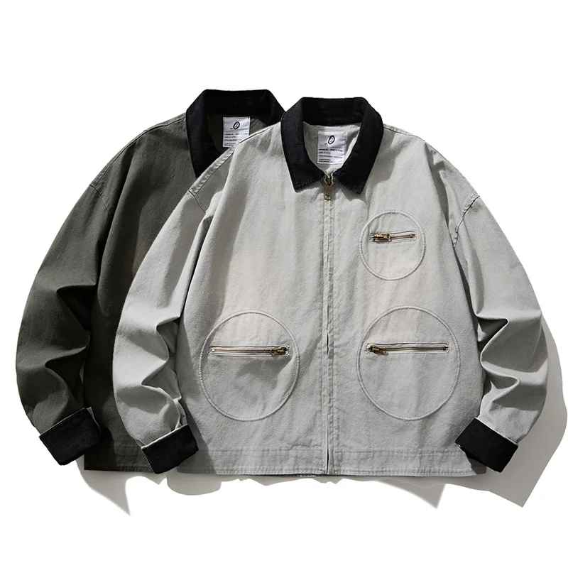 

Men Spring Autumn Vintage Cotton Japanese Streetwear Fashion Loose Casual Bomber Cargo Jacket Couple Coat Outerwear