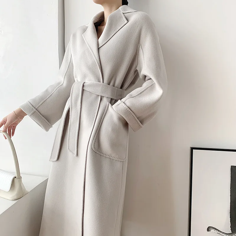 Double-sided water ripple pure cashmere women's coat bathrobe woolen medium and long coat