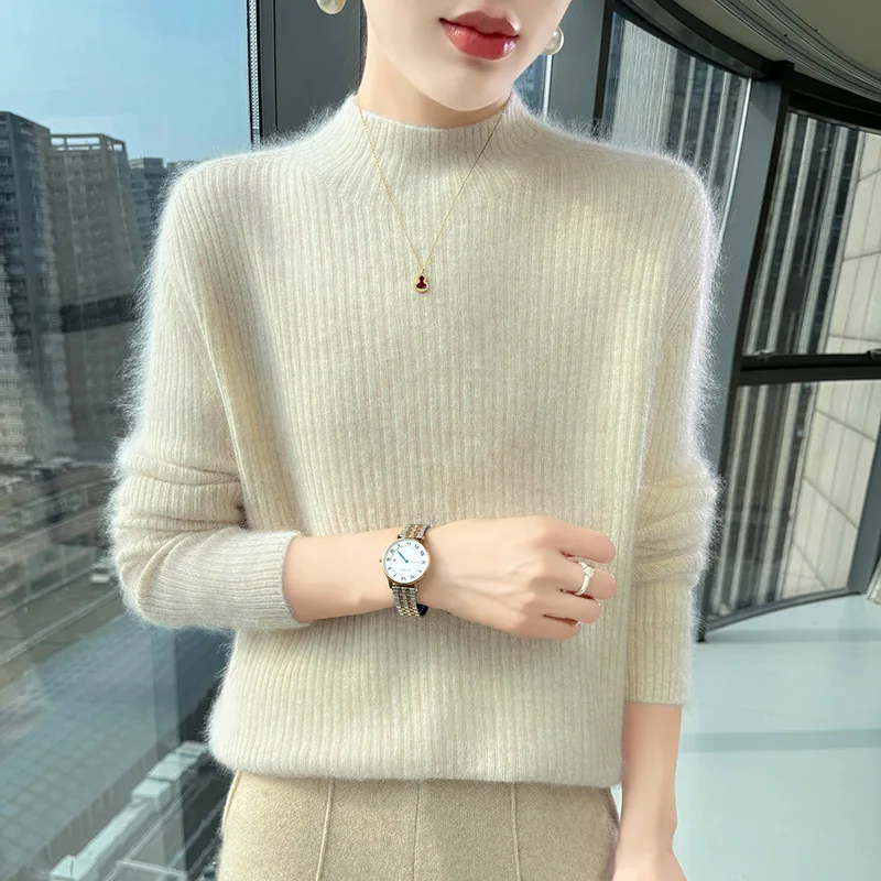 Sweater rajutan wanita 100% kasmir bulu mink, lengan panjang, slim fit, serbaguna, untuk musim gugur dan musim dingin, model baru dengan kerah O.