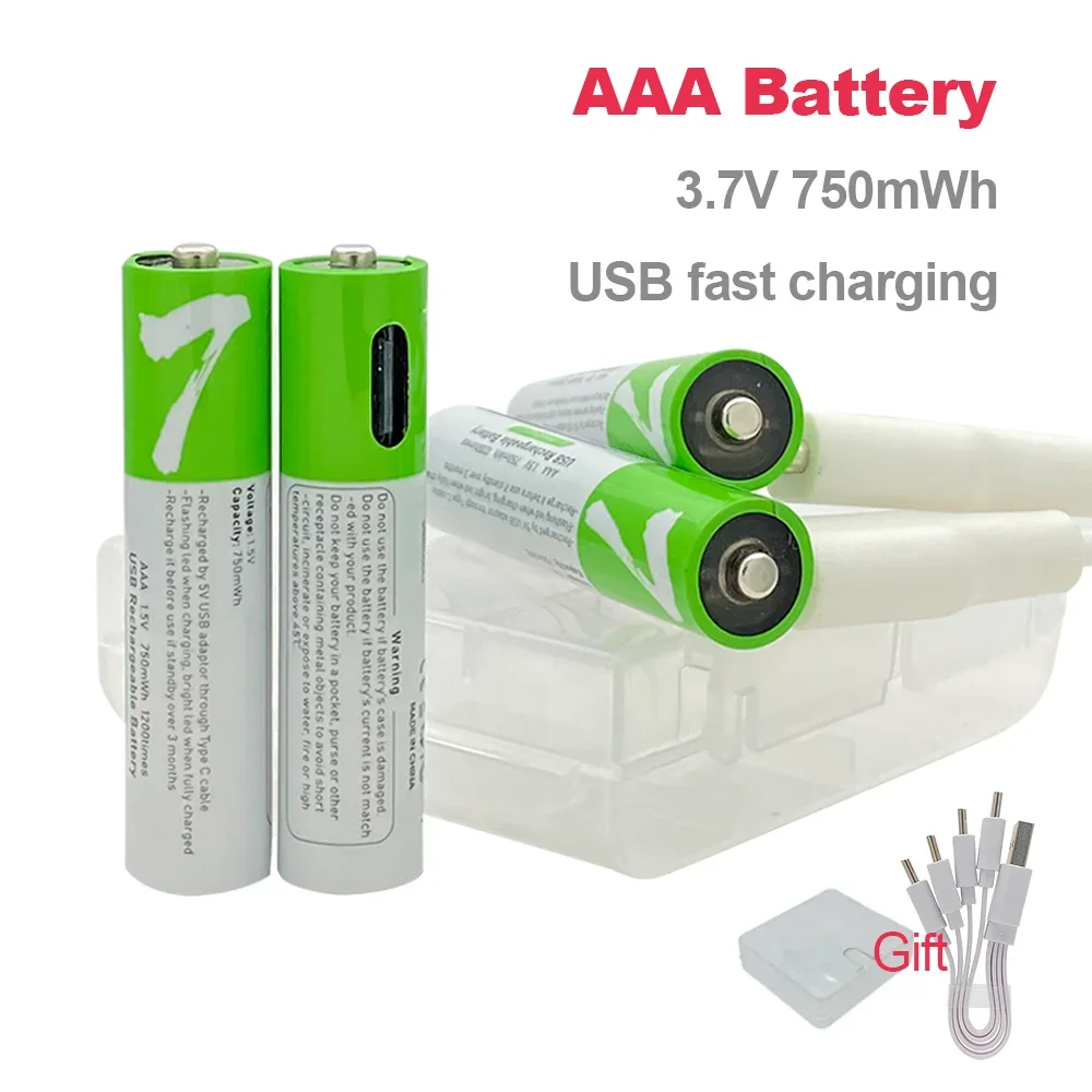 1.5V AAA Battery, 750mwh Capacity, USB Rechargeable Battery for Toy Keyboard and Keyboard, USB, Type-C Cable, High Quality