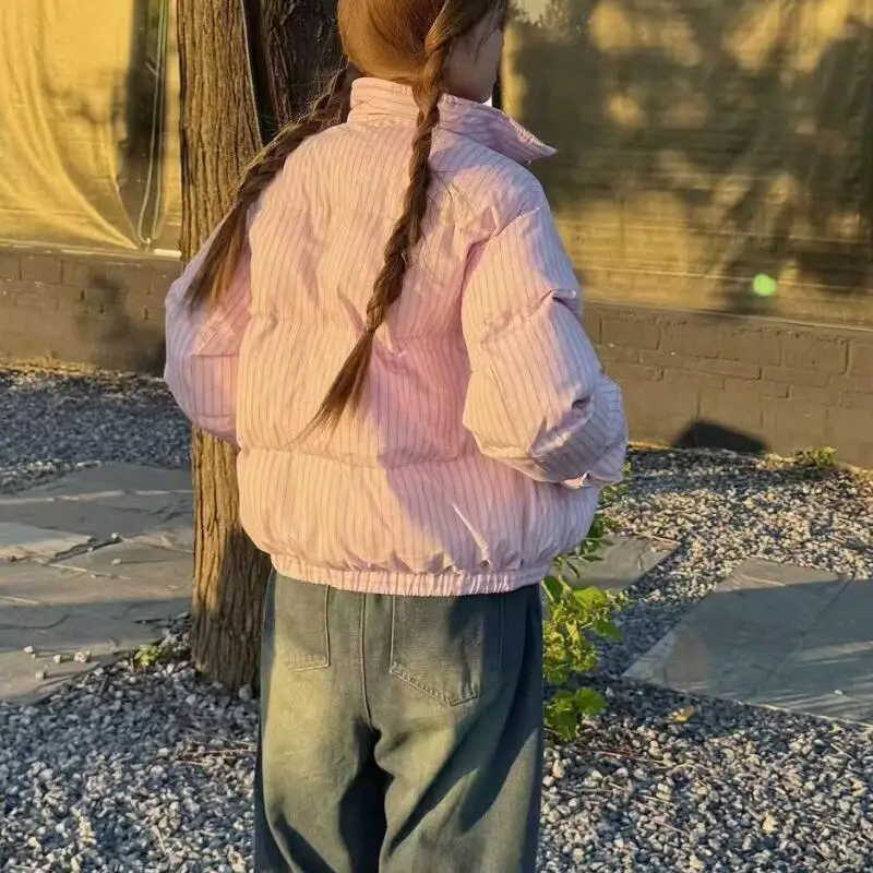 سترة نسائية شتوية مبطنة بالقطن بخطوط عمودية وردية النسخة الكورية للفتيات الطالبات سترة منتفخة دافئة معطف علوي #5