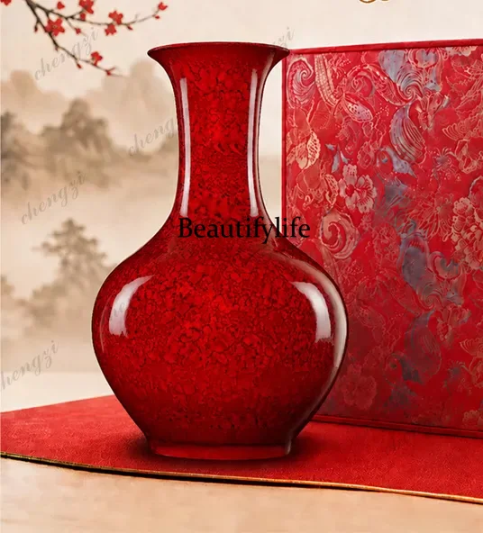 Light luxury opening new home new residence housewarming gift Jingdezhen ceramic red glaze vase ornament living room