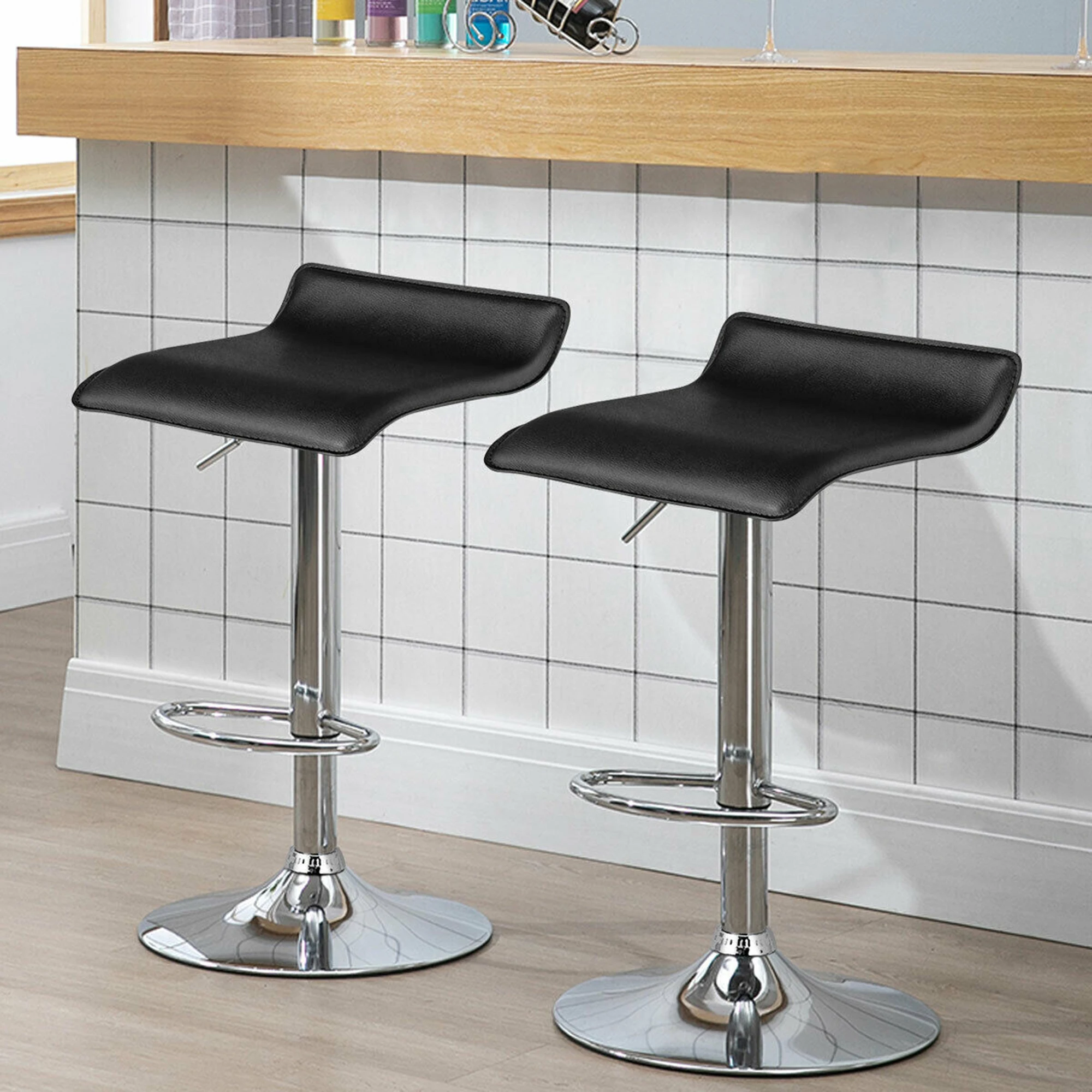 

Set of 2 PU Leather Swivel Bar Stool Adjustable Kitchen Counter Bar Chairs Black