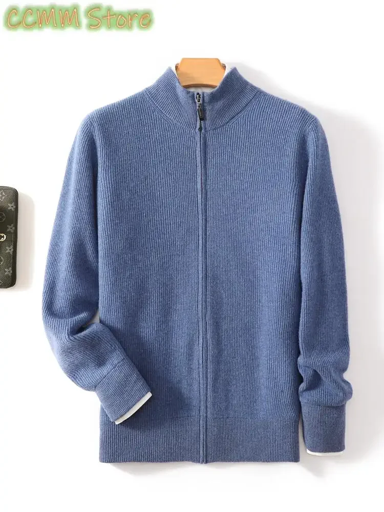Men's Zipper Cashmere Cardigan Autumn Winter Thick Long Sleeve Sweater Merino Wool Knitwear Smart Casual Clothing Tops