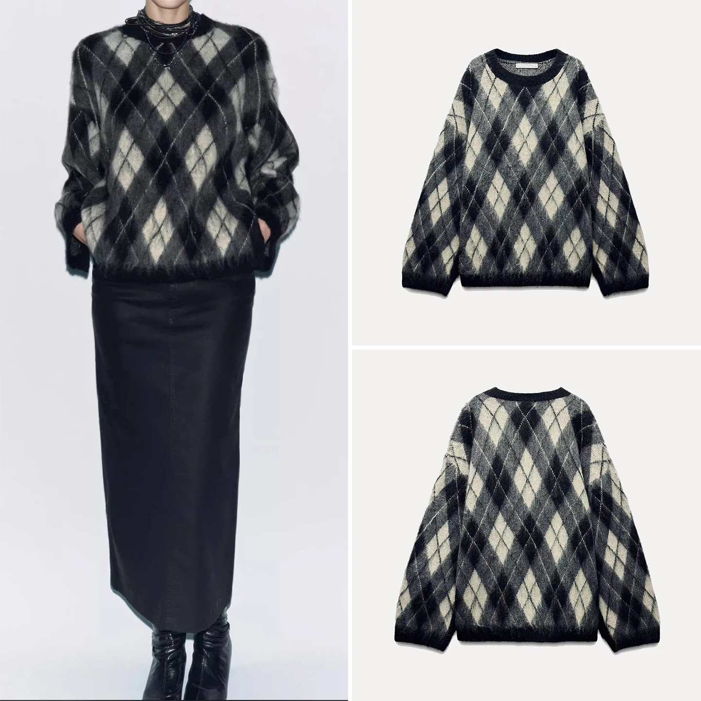 

Women's Casual Loose Fit Long Sve Diamond Pattern Knitted Sweater Autumn 2025 Faion New Arrival Z Brand
