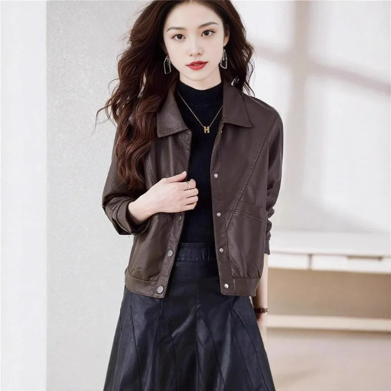 Nuevas chaquetas de cuero informales de primavera y otoño para mujer, chaquetas de motocicleta de cuero Pu holgadas y adelgazantes, chaquetas cortas de moda