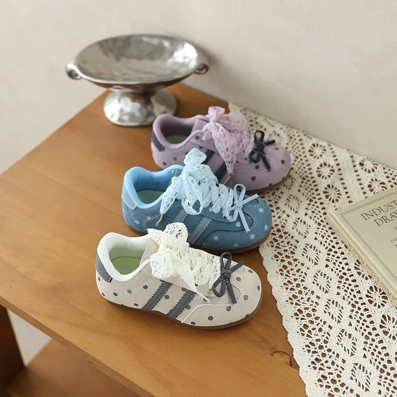 Girls Casual Sneakers Polka Dot Print Children's Princess Bow Sneakers Non-slip Soft Bottom Kids School Sports Shoes Hook Loop