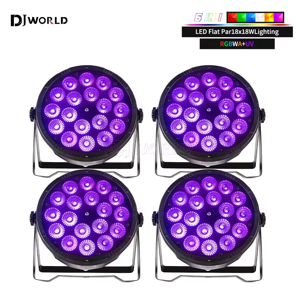 4 pc/set led par luz 18x18w rgbwa uv 6in1 plana par luz dmx512 equipamento de iluminação palco profissional para discoteca festa barra