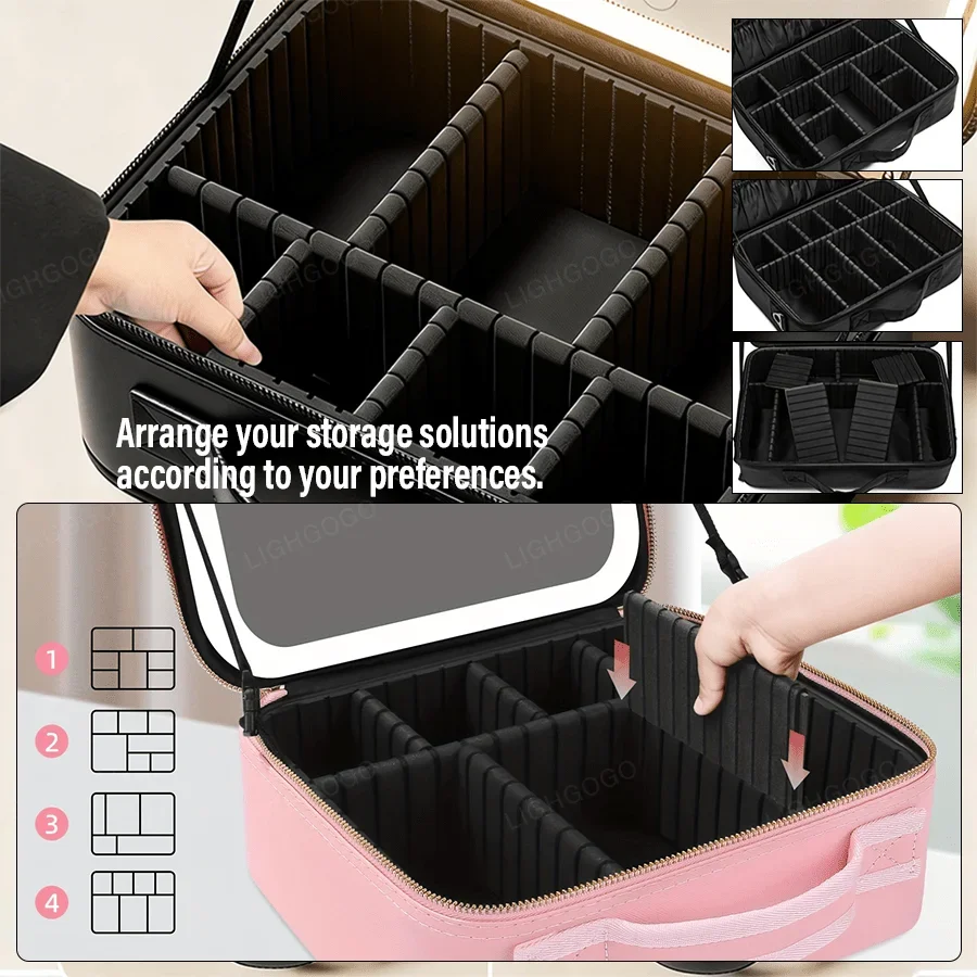 A Single-Piece Cosmetic Travel Case With A Detachable Mirror And An LED Light (3 Adjustable Brightness Levels).