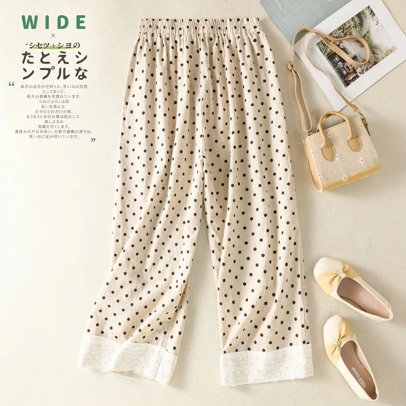 ฤดูร้อนใหม่วินเทจผ้าฝ้ายลินินกางเกงขากว้างผู้หญิงเกาหลีแฟชั่นลายจุดเอวยางยืดตรงข้อเท้ายาวกางเกง