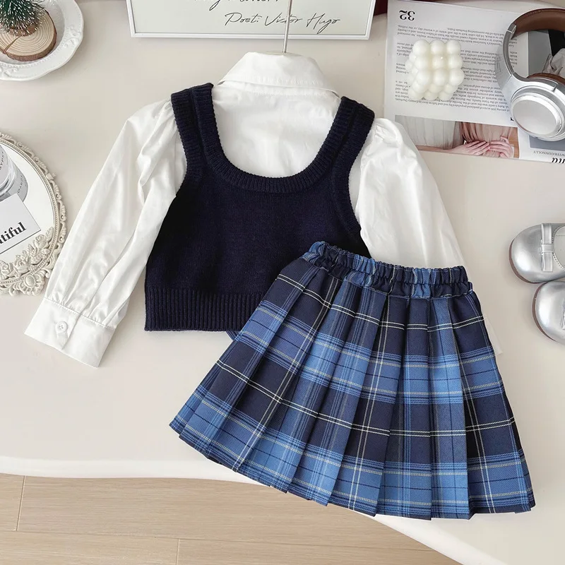 GirlsjkUniform suit2024Autumn New Preppy Style Pleated Skirt Knitted Vest White Shirt Three-Piece Set