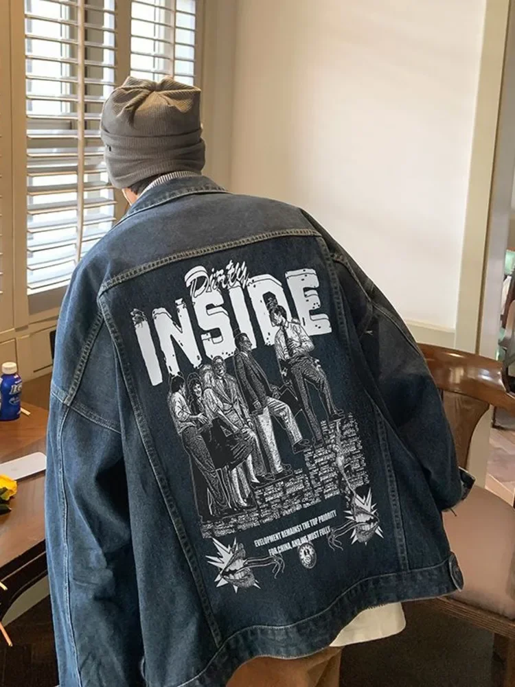 

High Street Hip Hop West Coast Oversize Denim Jacket Men Spring Autumn American Jeans Coat Y2k Harajuku Streetwear Outerwear