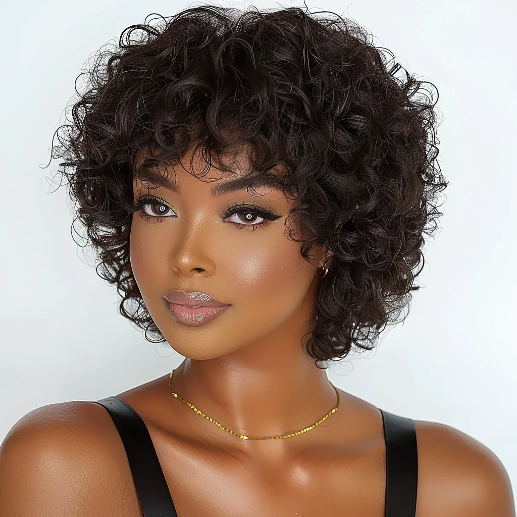 

Парик Afro Puff Pixie Bob машинной работы, цвет 99J, натуральный коричневый, 100% натуральные волосы, с предварительно вычесанной челкой, короткий парик для чернокожих женщин, натуральный