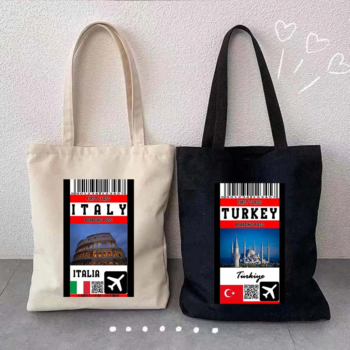 Italy France Belgium Russia Germany Brazil Canada United States First Class Boarding Pass Air Ticket Canvas Tote Bag Eco Handbag