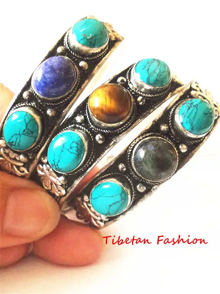 Tibetan Bangles Copper Inlay Colorful Beads Open Cuff Bangles Turquoise Labradorite Tiger Eye Beads Bracelets BB-049