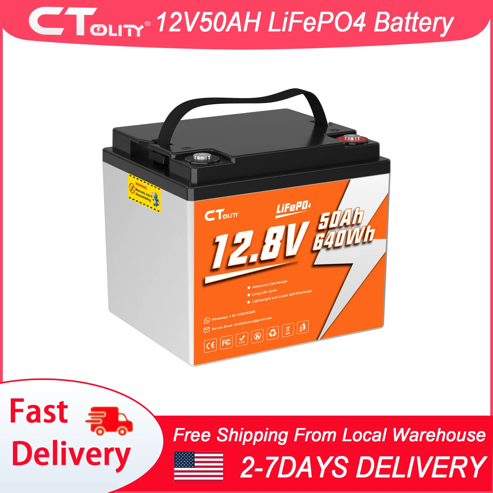 12V 50Ah LiFePO4 Battery Deep Cycle Lithium Battery 640Wh Rechargeable Battery for RV Marine Boat Solar System