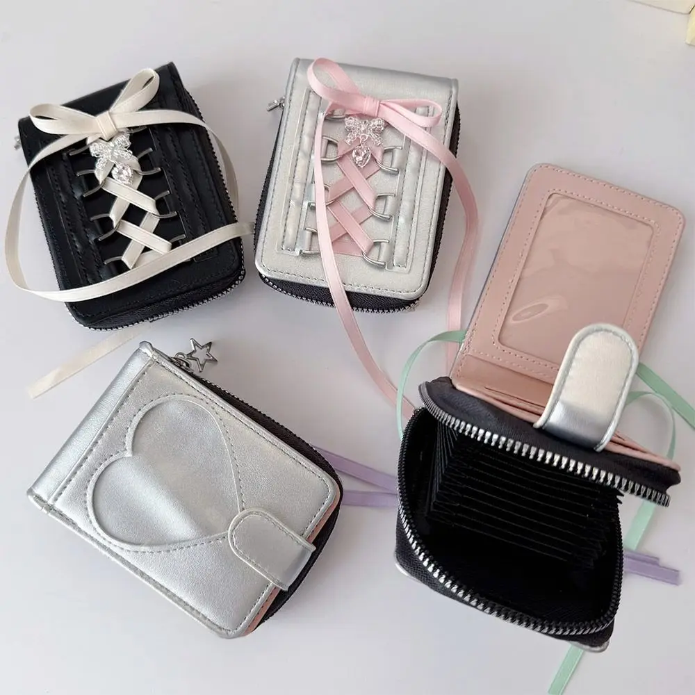 

Korean INS PU Card Bag Snap Button Type Ribbon Strap-on Style Wallets 14 Slots Coin Purse Gift