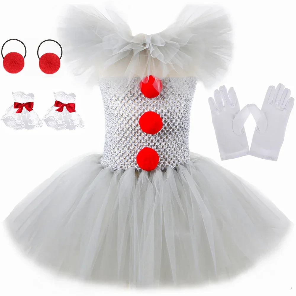 

Halloween Pennywise Costume for Kids Creepy Clown Gray Joker Tutu Dress Outfit Girls Fancy Carnival Party Tulle Dresses Clothes