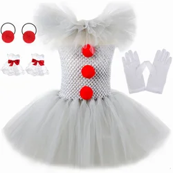 Halloween Pennywise Costume for Kids Creepy Clown Gray Joker Tutu Dress Outfit Girls Fancy Carnival Party Tulle Dresses Clothes