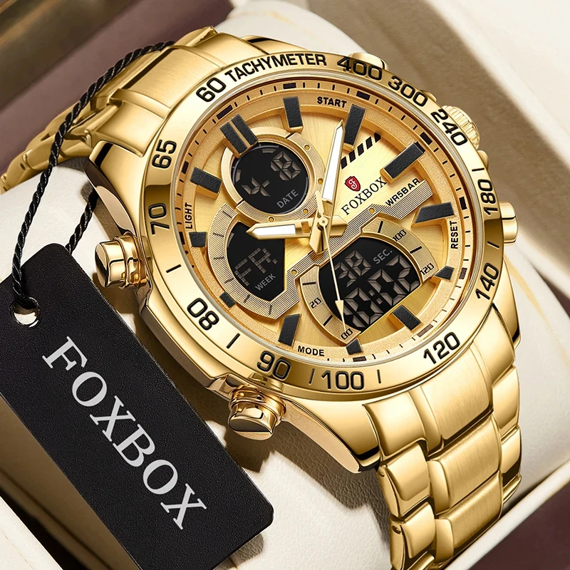 FOXBOX Luxury Original Men Sports Wrist Watch Gold Quartz Steel Waterproof Dual Display Clock Watches Relogio Masculino For Men