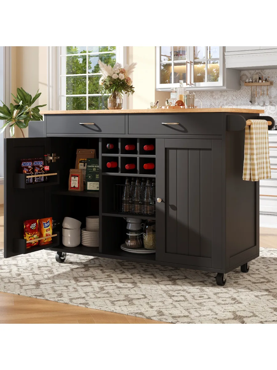 Zwart rollend keukeneiland 102x45x92cm met houtnerfafwerking & buffetopbergruimte voor multifunctioneel gebruik - afbeelding 2