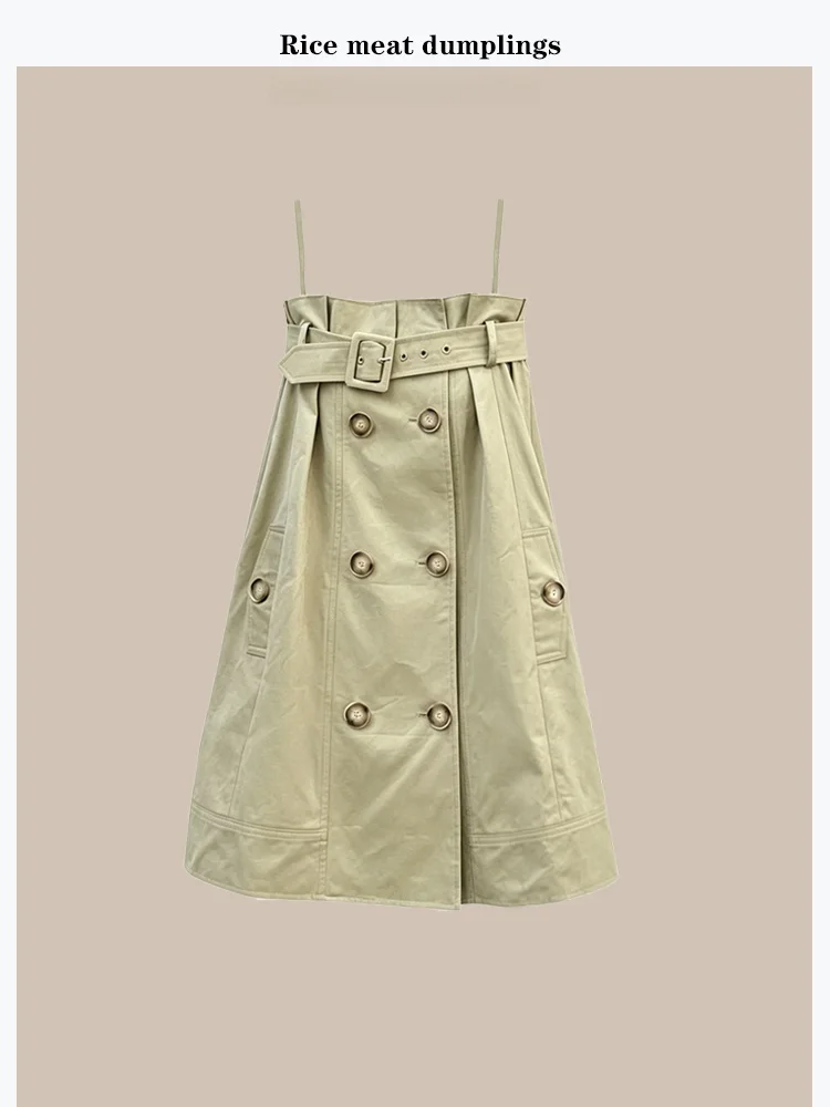 

Khaki Color Women's Summer Fashionable A-Line Dress Strapless Short Dress Deconstructed Style Cotton Denim Material City Commute