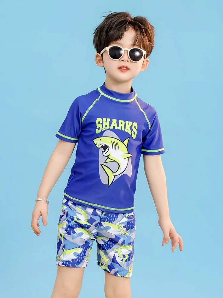 

Boy Kids Swimsuit 2025 New Blue Cartoon Shark Short Sleeves Children Swimwear Summer 2 Piece Shorts Beach Bathing Suit Swimming