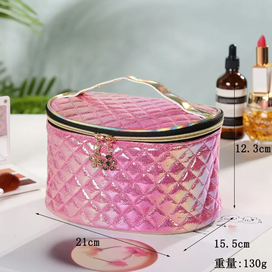 Leather Argyle Women Cosmetic Bag with Mirror Multifunction Travel Toiletry Storage Organize Portable Handbag Makeup Case