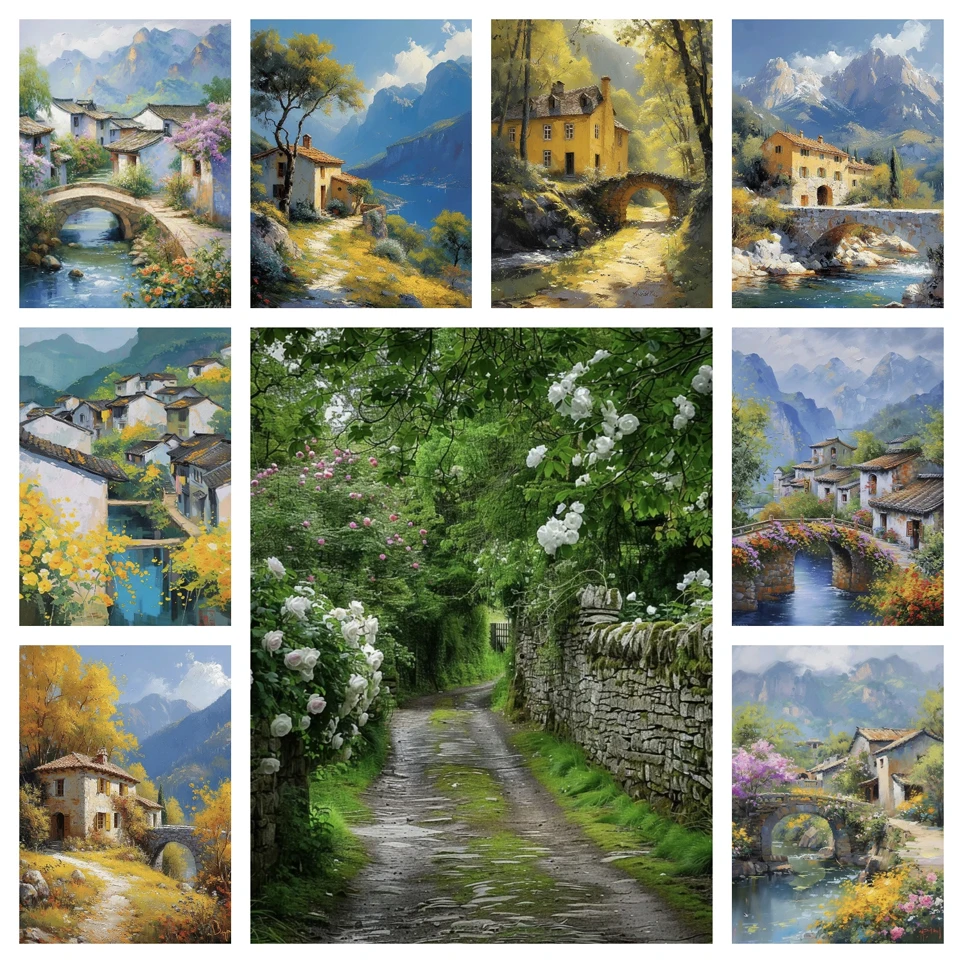 Rural Small Bridge Flower Scenery 5D Diy Diamond Painting Cross Embroidery Diamond Landscape Mosaic Embroidery Home Decoration