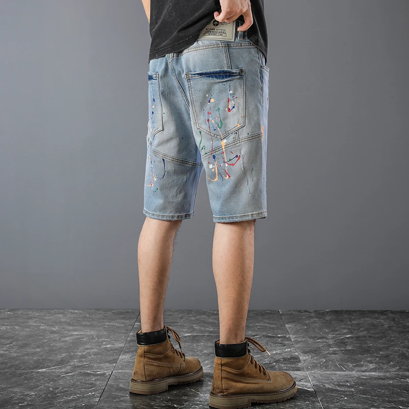 

JXN1013 Men's denim straight loose shorts summer casual thin section inkjet casual five trousers Korean version of the breeches