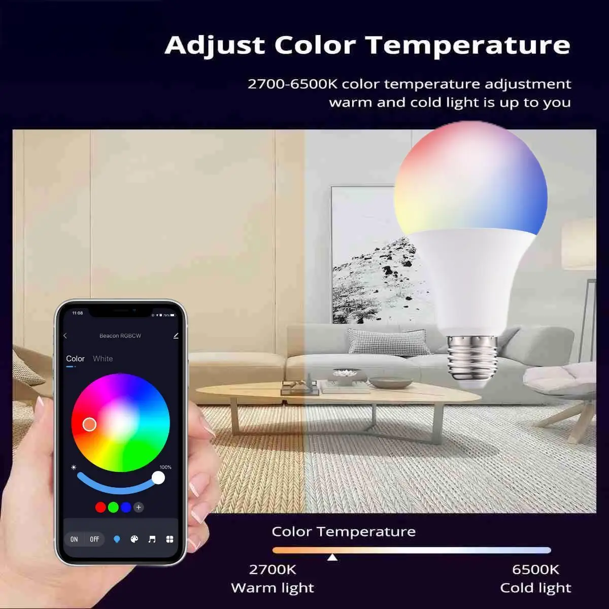 Tuya E27 Smart Light Bulb,  RGBW LED Color Changing Bulbs, Tuya Smart&Smart Life APP Control,APP Dimmable Music Sync image 3