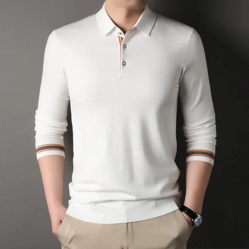 

​​Men's Classic Polo Knit Sweater - Gray Striped Sleeve Design (Black) Old Money Style Comfort Fit​​