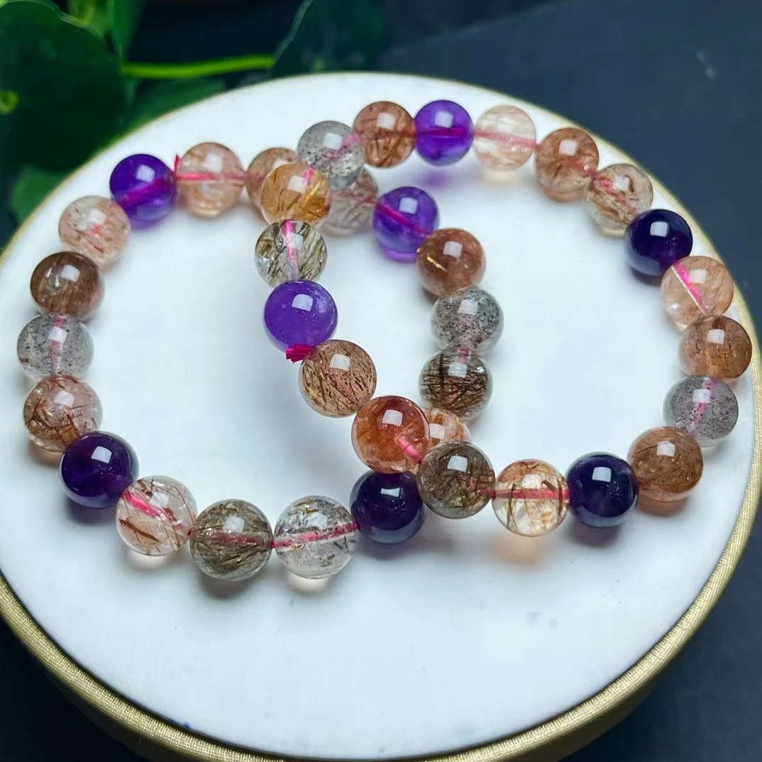 

Natural Copper Purple Super Seven 7 Gold Rutilated Lepidocrocite Bracelet 8mm 10mm Clear Round Beads Crystal Women Men AAAAA
